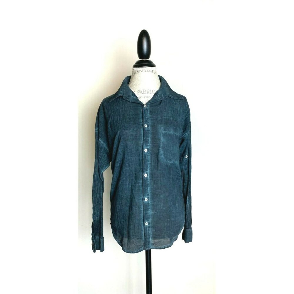NSF Dark Denim Distressed Button Down Shirt S EUC